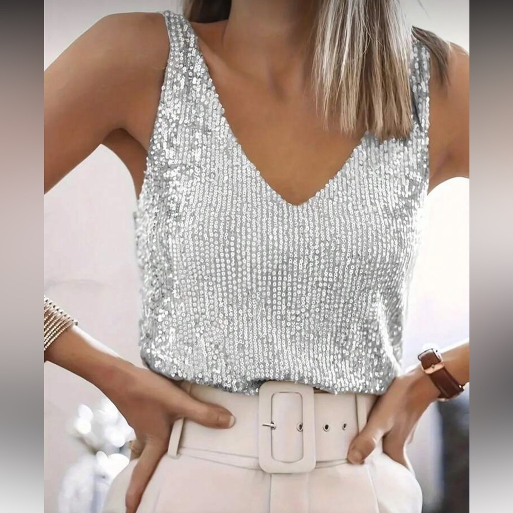 Plus Size Luxe Sequin V-Neck Tank Top Blouse Shirt Sliver